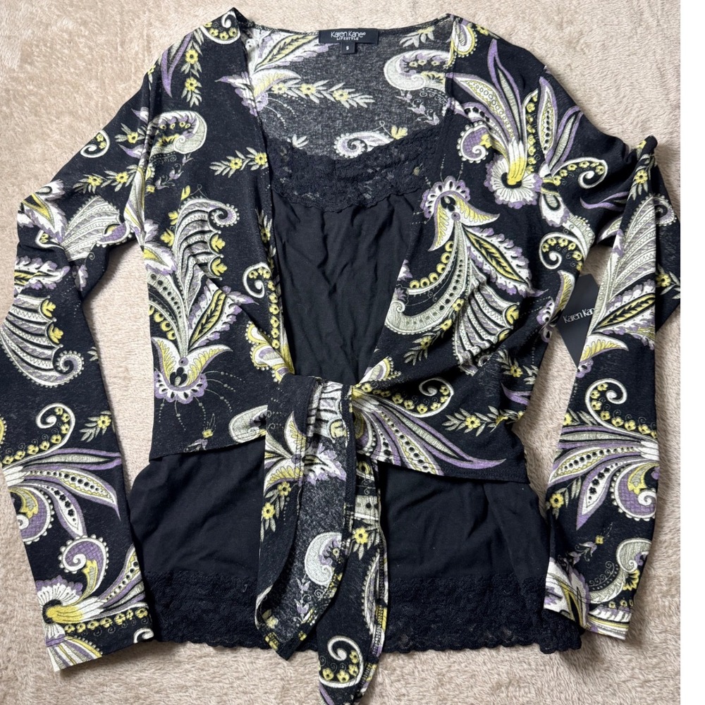 Karen Kane Paisley Tie Front 2-in-1 Lace Trim Top y2K Vintage Boho Feminine